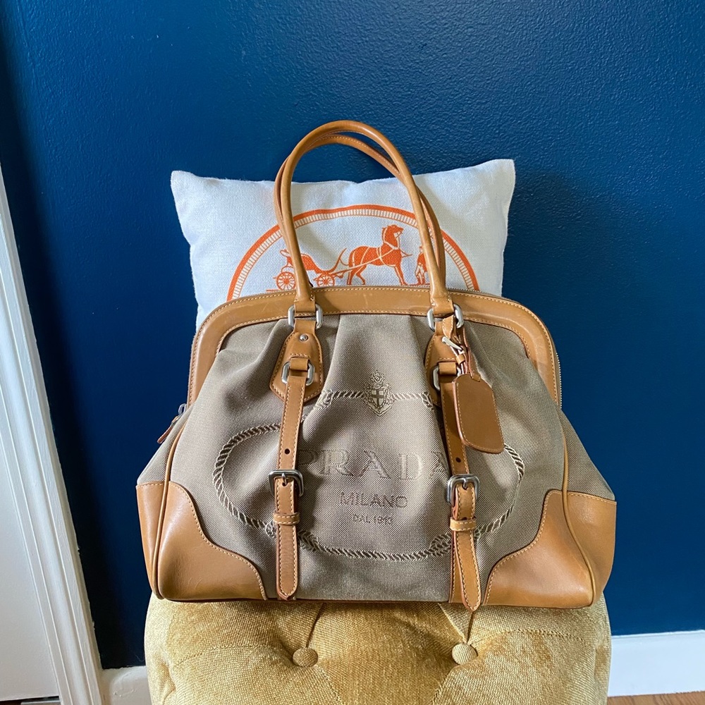 PRADA Vitello Daino Trimmed Canapa Logo Frame Bag